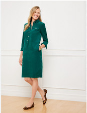 Talbots Corduroy Shift Dress Womens 12 Green Collared Long Sleeve Pockets Short