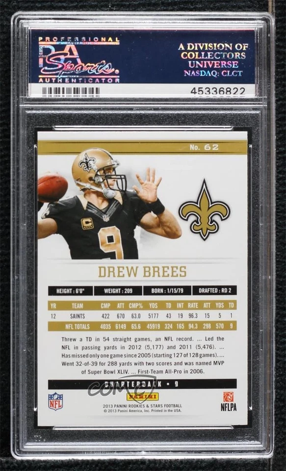 2013 Panini Rookies & Stars Drew Brees #62 PSA 10 GEM MT - Image 2 of 2