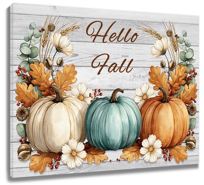 Blue Fall Pumpkin on Vintage Wood Grey Canvas Wall Art for Bathroom Living Room