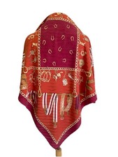 Vintage 100 Silk Scarf Equestrian Chain Belt Horseshoe Print Red Orange A19