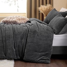 Fluffy Comforter King Set - Furry Grey Leaves Pattern Faux Fur Bed Set, Winte...