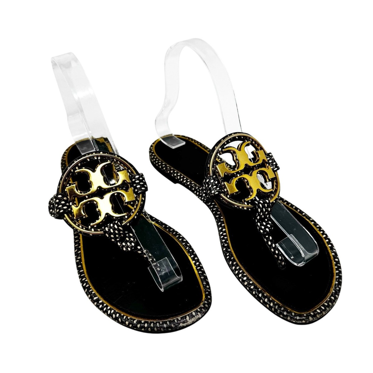 TORY BURCH Black Reptile Snake Gold Metallic Metal Miller Sandal