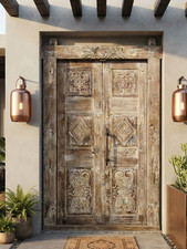Antique Hand-Carved Wooden Double Door with Frame – Om Symbol Lintel 80x50