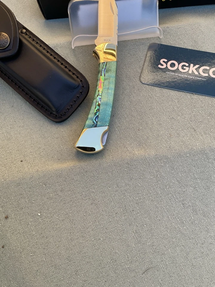 Buck Custom 112 Knife File Work, Turquoise Curly Maple Inlaid W/ Abalone MIB - Image 2 of 4