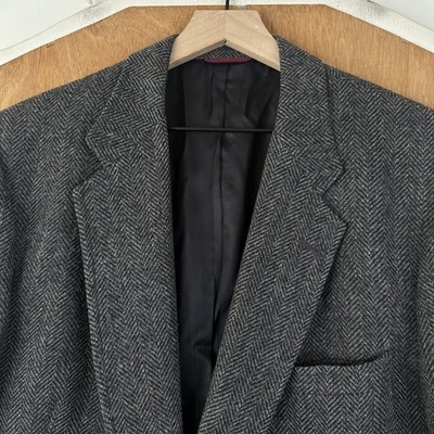 Hart Schaffner Marx Blazer Mens 46L Gray Herringbone 2 Button Tweed Wool Jacket