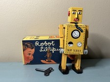 Robot Lilliput Tinplate Key Wind-up Walking Robot by Bryan Hayes 1990s Yellow