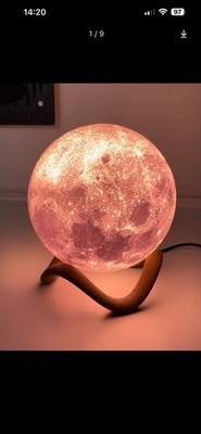 3D Moon Lamp with warm LED glow and wooden stand for cozy home decor