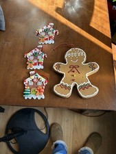 Gingerbread Man and 3 Gingerbread House Ornament Set NWOT