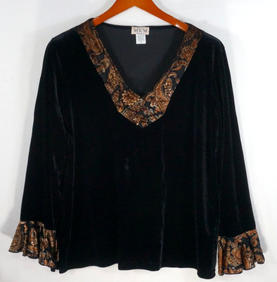 Stretch Velvet Top Womens 3X Black  Semi Sheer Ruffled Cuffs Flowy Goth VTG USA