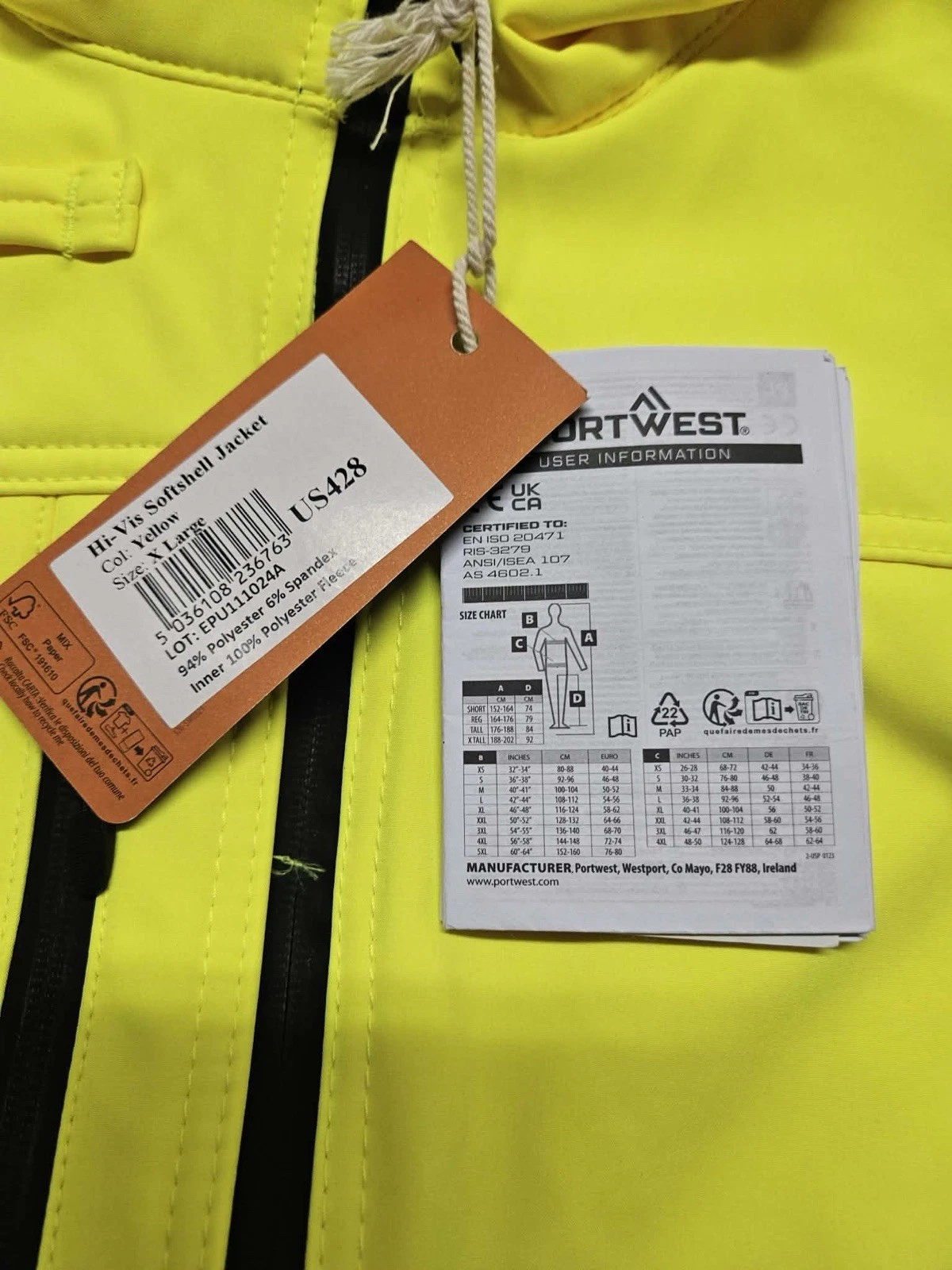 Portwest US428 Hi-Vis Reflective Softshell Waterproof Safety Work Jacket ANSI XL image 6