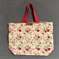 Laura Ashley Tote Bag Red Pink Floral Canvas Reusable Shopping Travel Grocery
