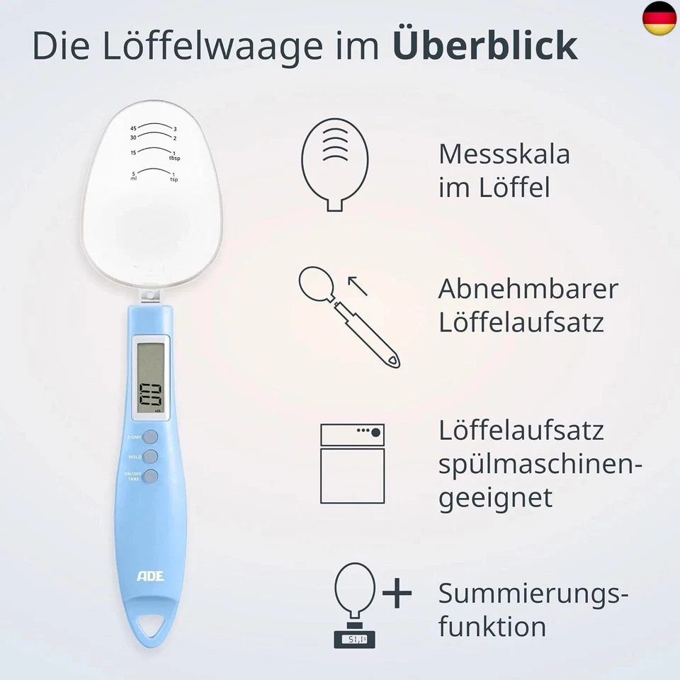 ADE Digitale Löffelwaage präzise auf 0,1 g | exakte Küchenwaage bis 300 g | Fe - Bild 3 von 4
