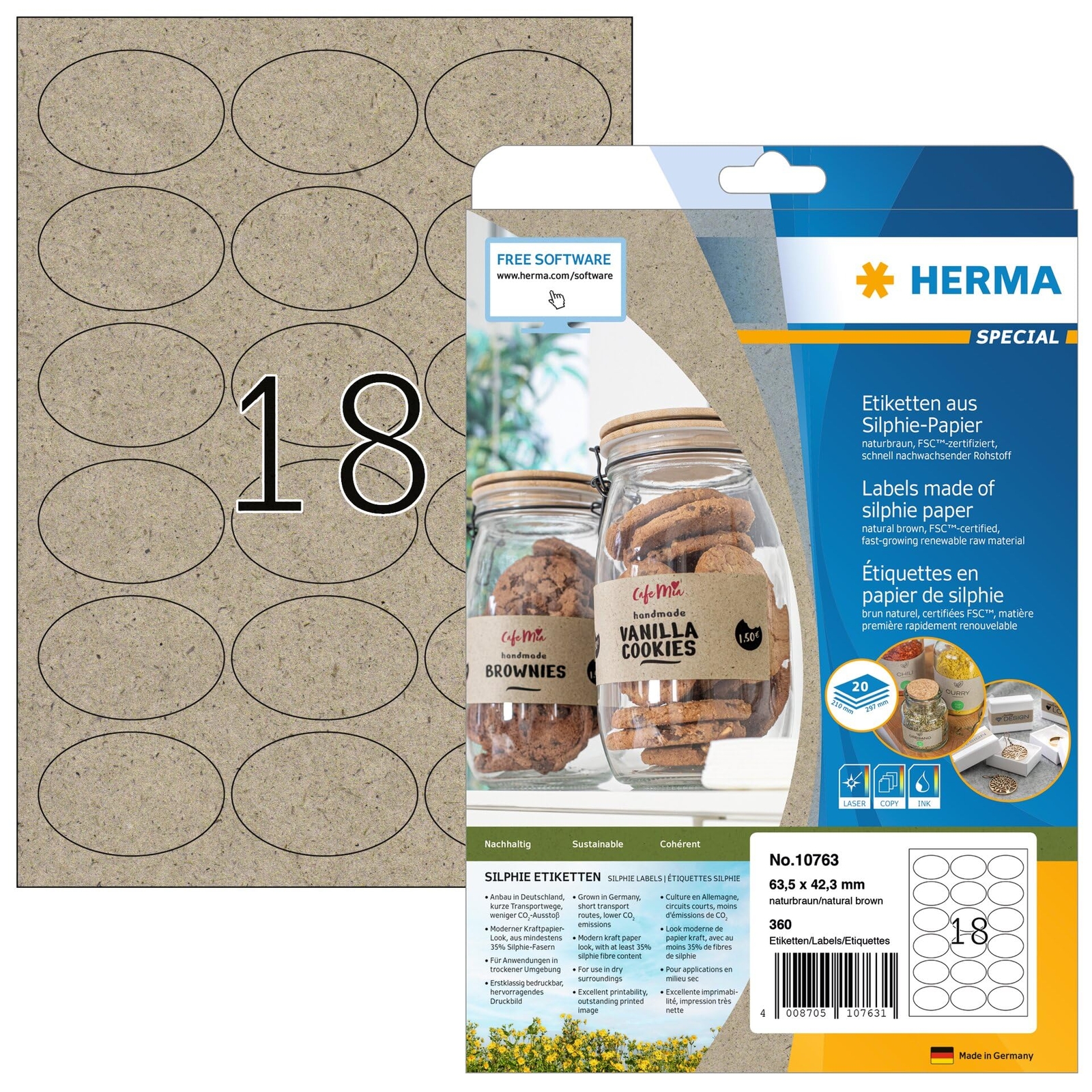 HERMA 10763 Universal Etiketten oval, 20 Blatt, 63,5 x 42,3 mm, 18 pro A4 Bogen,