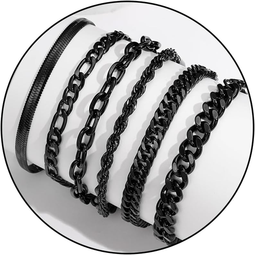6 Pcs Chain Bracelet for Men Women - Stainless Steel Cuban Curb Link Rope Paperc