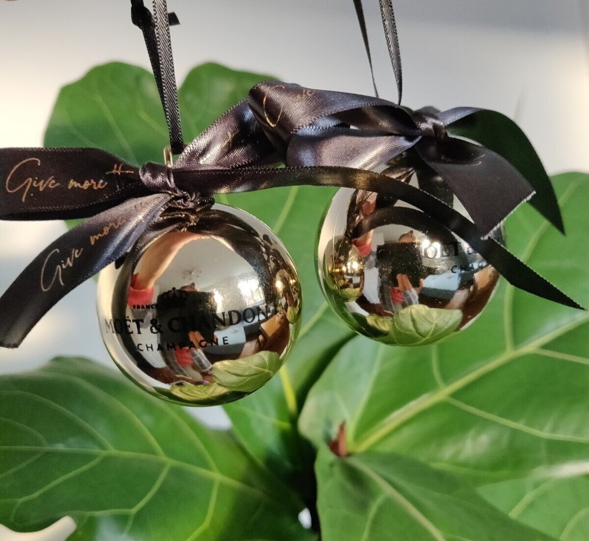 2 x Luxury Moet & Chandon Christmas Shinny Gold Baubles with Bow Wedding Favours