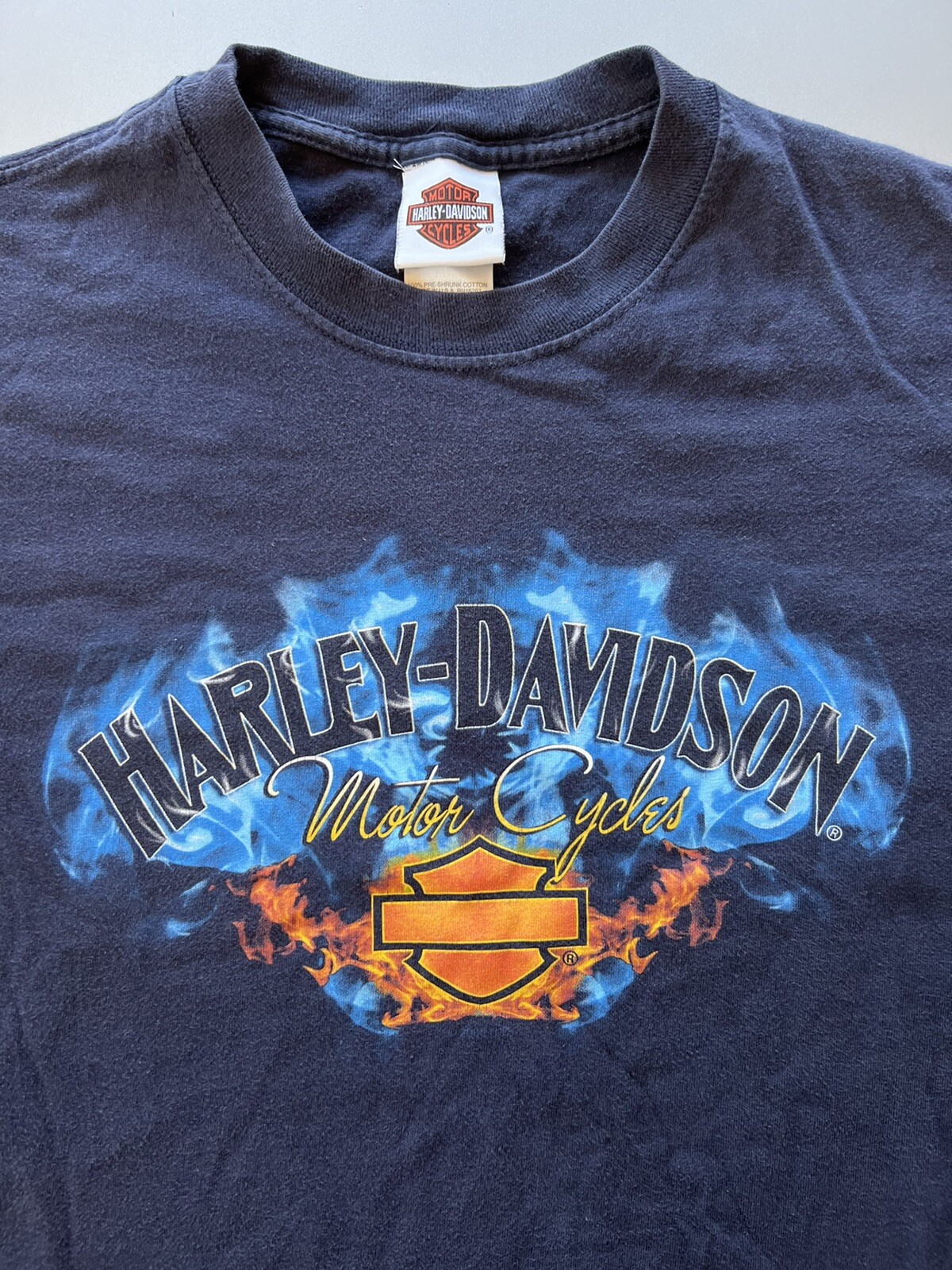 Harley Davidson Fire Pattern Motorcycle Bike T-Shirt Made in USA Men's L size cotton brown type Vintage Second Hand