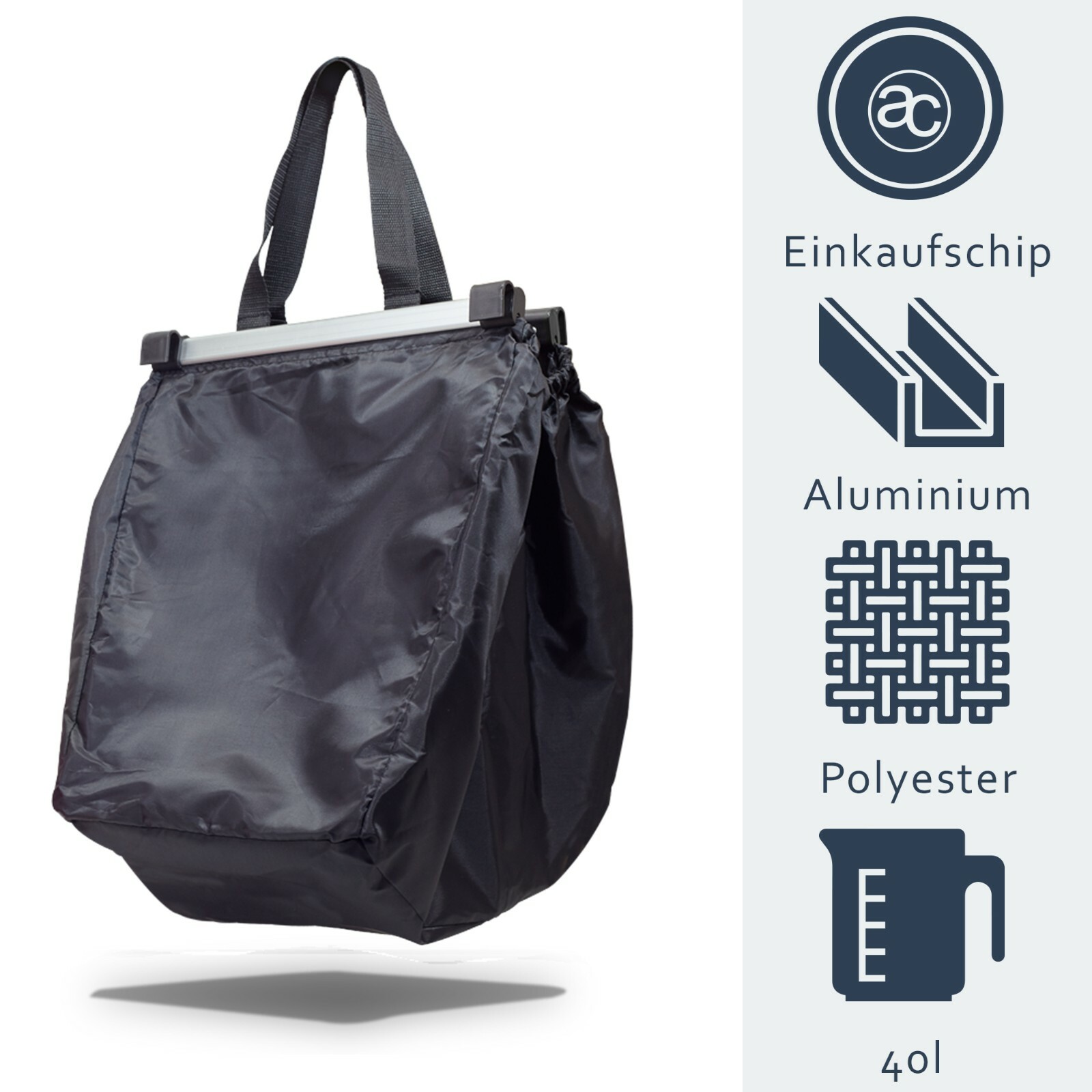 Achilles sac de caddie pliable à suspene, shopper, sac de courses pour caddies, noir, 54 cm x 35