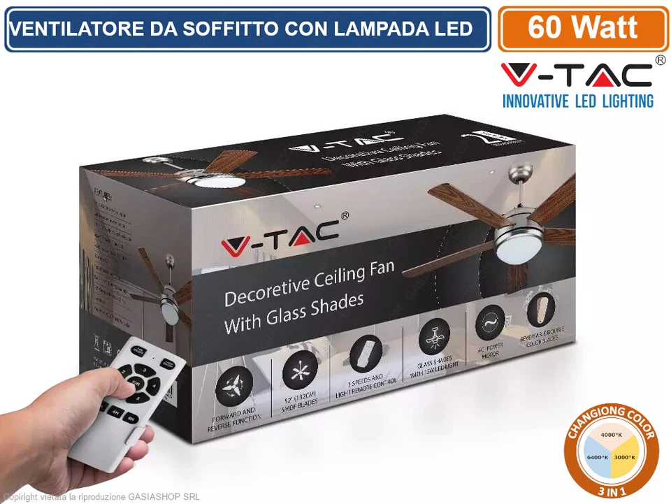 V-TAC VT-6052-5 VENTILATORE DA SOFFITTO 60W LAMPADA LED 15W 3IN1 CAMBIA COLORE - Immagine 2 di 2