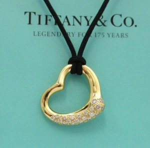 TIFFANY & Co. Elsa Peretti 18K Gold .36ct Diamond Open Heart Pendant Necklace
