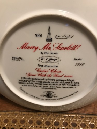 Gone With The Wind 'Marry Me Scarlett' Critics Choice Collector Plate 1991 - Picture 3 of 3