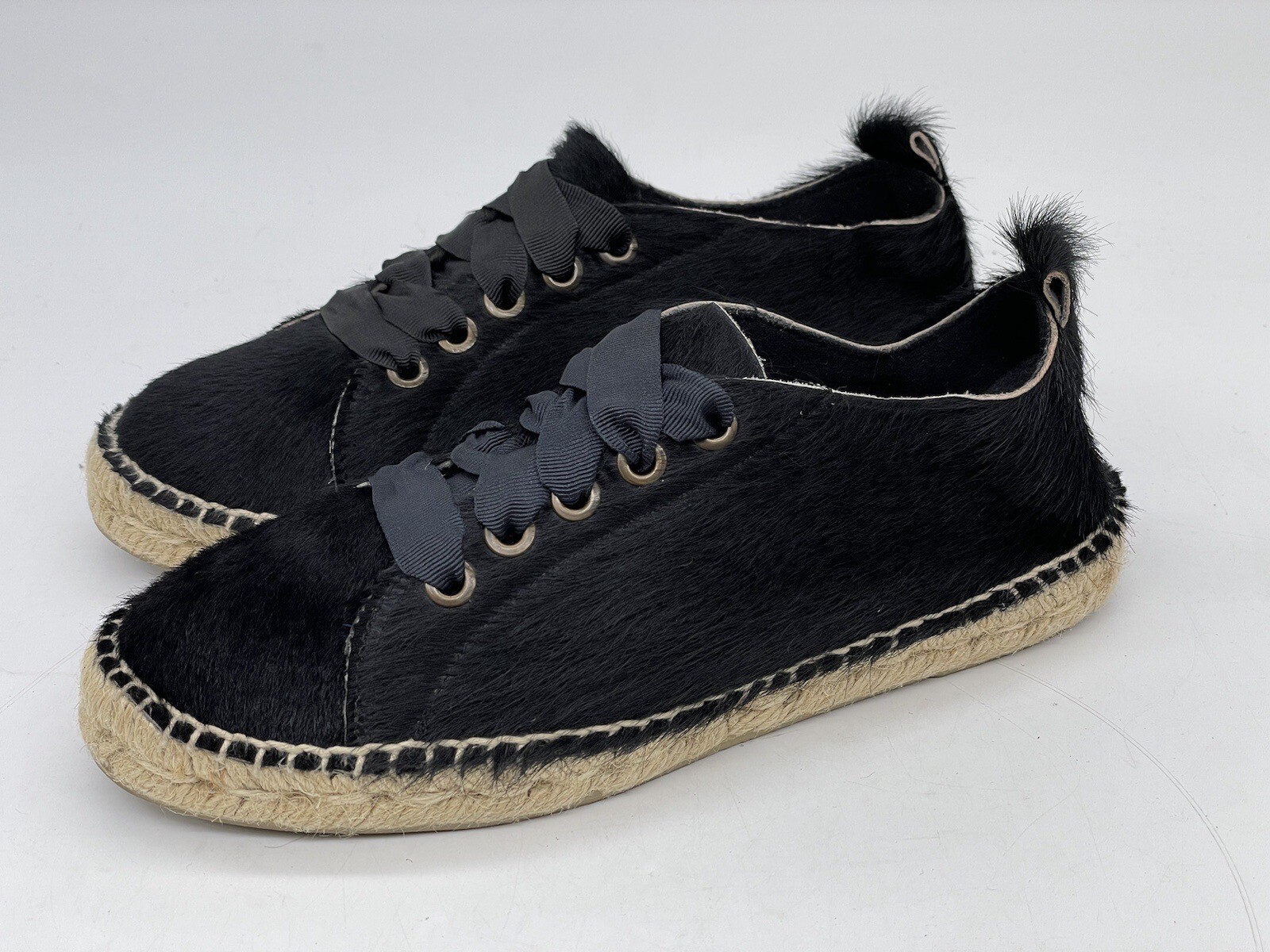Sneaker piatte Manebi Espadrille capelli di pony neri in pelle con lacci taglia 36 6 US