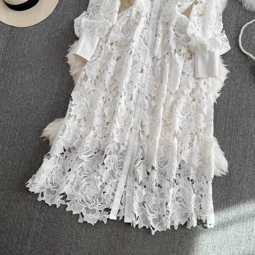Damen Spitzen Blumen Aushöhlen Kleid Midi Elegant Party Lang Puffärmel Kleid - Bild 6 von 24