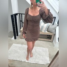 Blush brown Tan long sleeve ruffle formal event party mini dress fall winter M