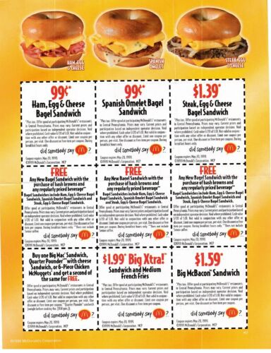 Vintage 1999 McDonald's Buy One Get  One Free Sandwich Bagel Coupons unused - Afbeelding 1 van 2