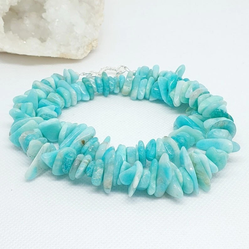 Collares de piedras preciosas nature amazonita lisas sin cortar con astillas hechos a mano para mujer de 18"" Foto 2 de 4