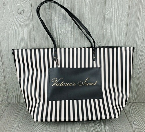 Victoria's Secret Shopper-Tasche mauvefarben kreidefarben & schwarz gestreift Signatur $ 58 neu mit Etikett - Bild 2 von 7