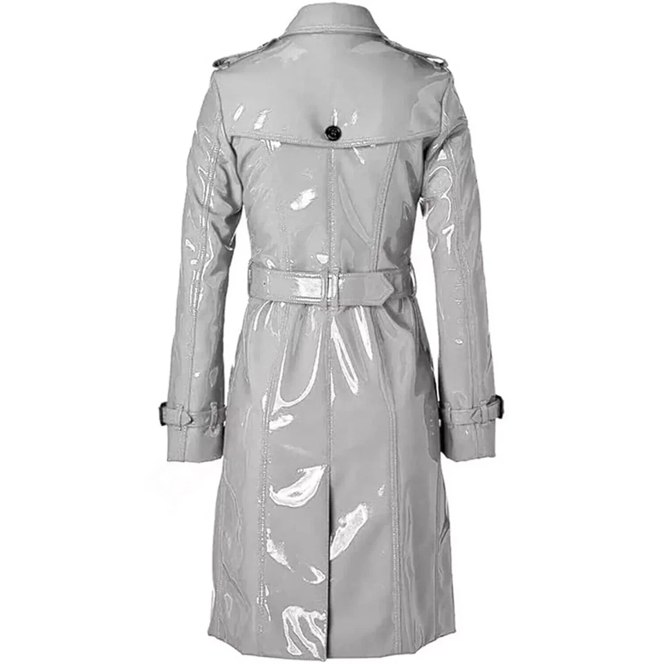 Women Trench Vinyl Shiny Gothic Coat PVC Emo Top quality White Faux Leather Coat - Image 4 of 4