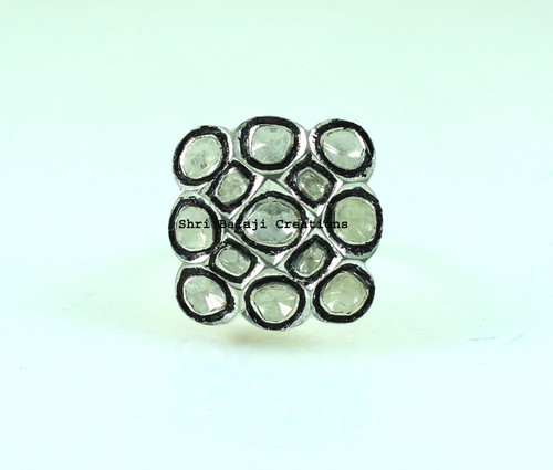 Natural Rosecut Diamond & Diamond Uncut Polki 925 Sterling Silver Ring Jewelry - Picture 2 of 3
