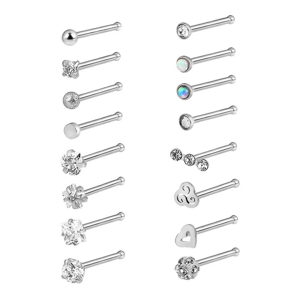 16件装银色直鼻耳钉不锈钢蛋白石CZ骨钉鼻环20G — 第 4/4 张图片