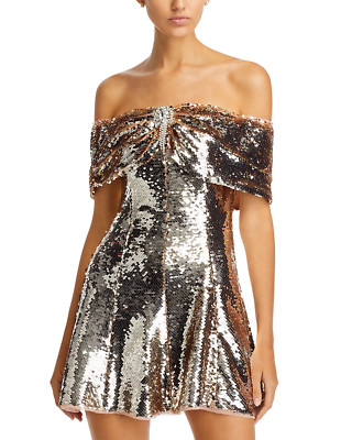 Self-Portrait Gold Sequin Off The Shoulder Mini Dress UK6 US 2