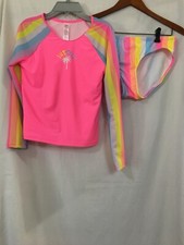 NWT Justice Girl Rash Guard SET 2 pc Neon Pink Stripe Swimsuit UPF 50 Size XL