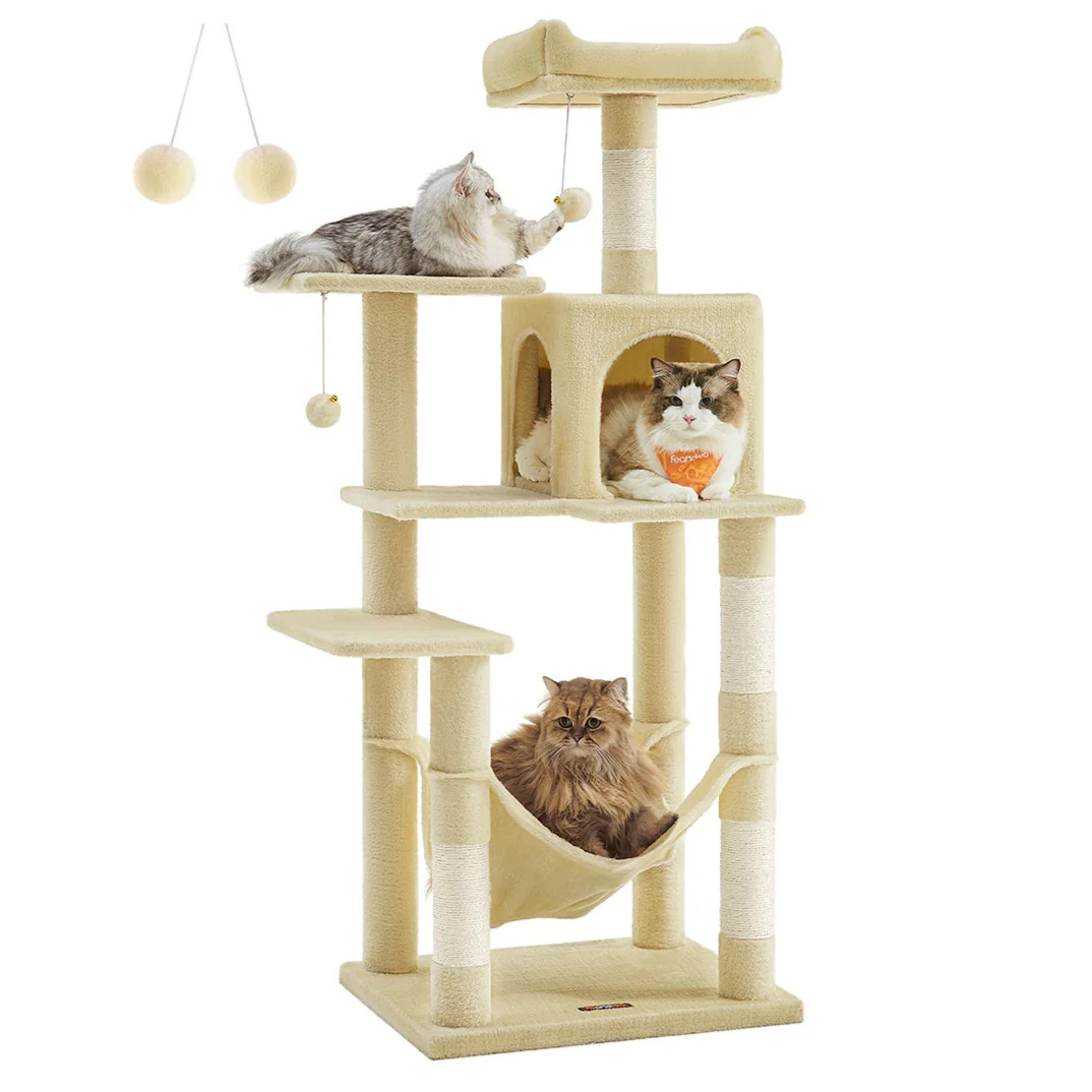 Arbre à chat avec hamac beige de 143 cm Helloshop26 pour le repos et le jeu de votre félin