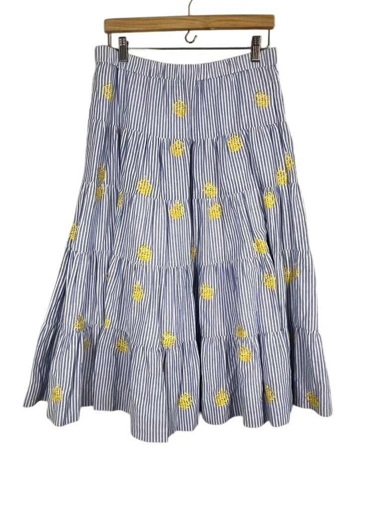 J Crew Striped Pineapple Maxi Skirt M Blue Tiered Preppy Coastal Nautical Chic