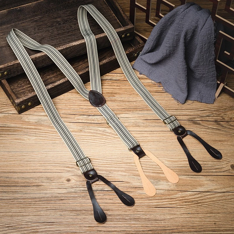 Traje de adulto vintage pantalones tirantes elásticos elásticos con botones a rayas Foto 2 de 4