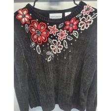 Alfred Dunner Womens XL Black Chenille Floral Embroidered Sequin Sweater Ribbed