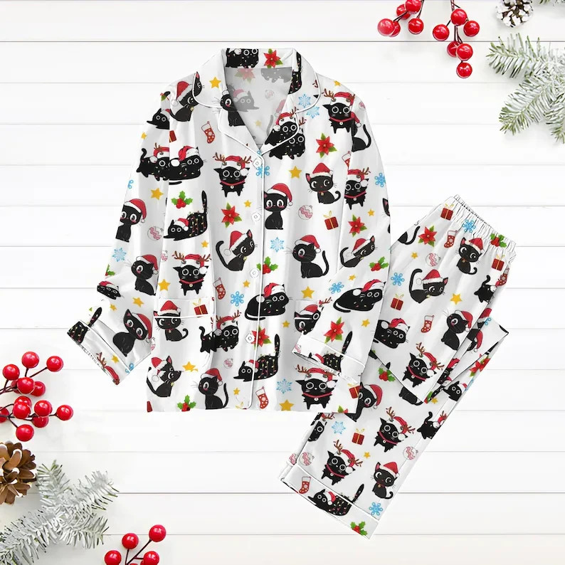 Unisex Christmas Black Cat Pajama Set Long Sleeve Button Top & Pants Sleepwear