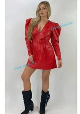 Womens Red Lambskin Leather A-Line Puff Sleeve Mini Dress Party Clubwear Outfit