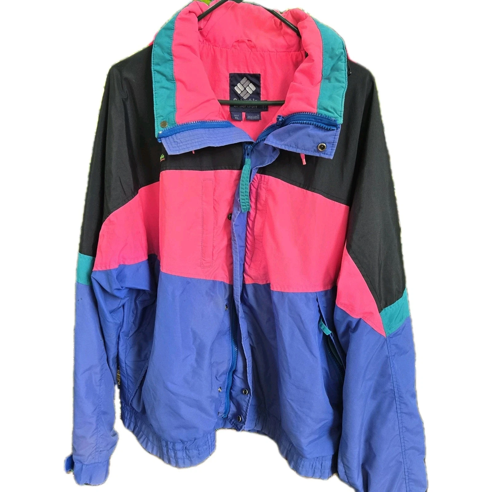 Vtg Columbia Outdoor Jacket XL W Hood 90s Windbreaker Ski Neon Pink Purple Black