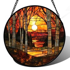 Stained Glass Suncatcher - Orange Red Landscape Forest Lake Moon Decor 15