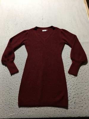 Bluivy Sweater Dress Womens S Small Red Long Puffy Sleeve V Neck Soft Knit