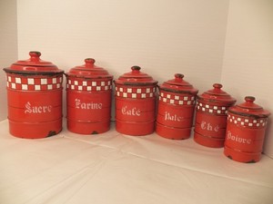 VINTAGE FRENCH ENAMELWARE RED CANISTER SET, 6 PIECE WITH LIDS