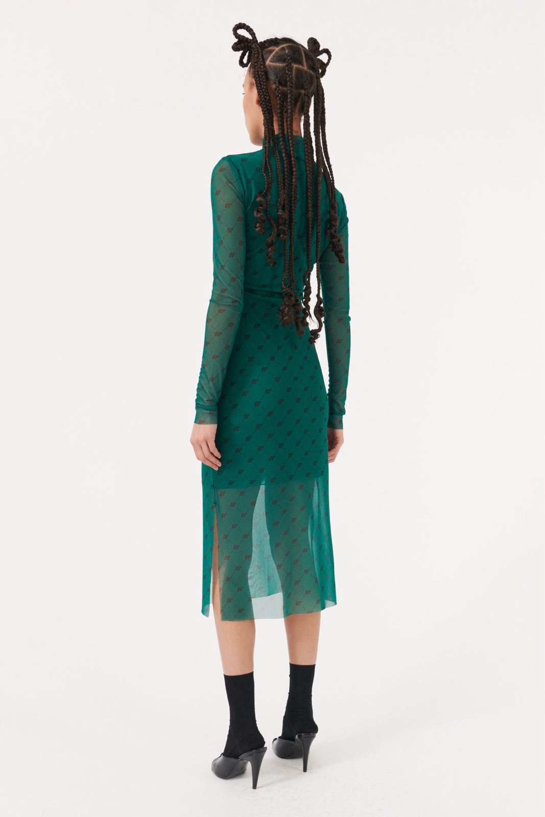 Baum und Pferdgarten Jolain Green Mesh Midi Dress Long Sleeve Size M