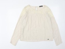 Numph Damen Beige Viskose Basic Bluse Gr&ouml;&szlig;e 12 Rundhalsausschnitt - Spitzenausschnitt