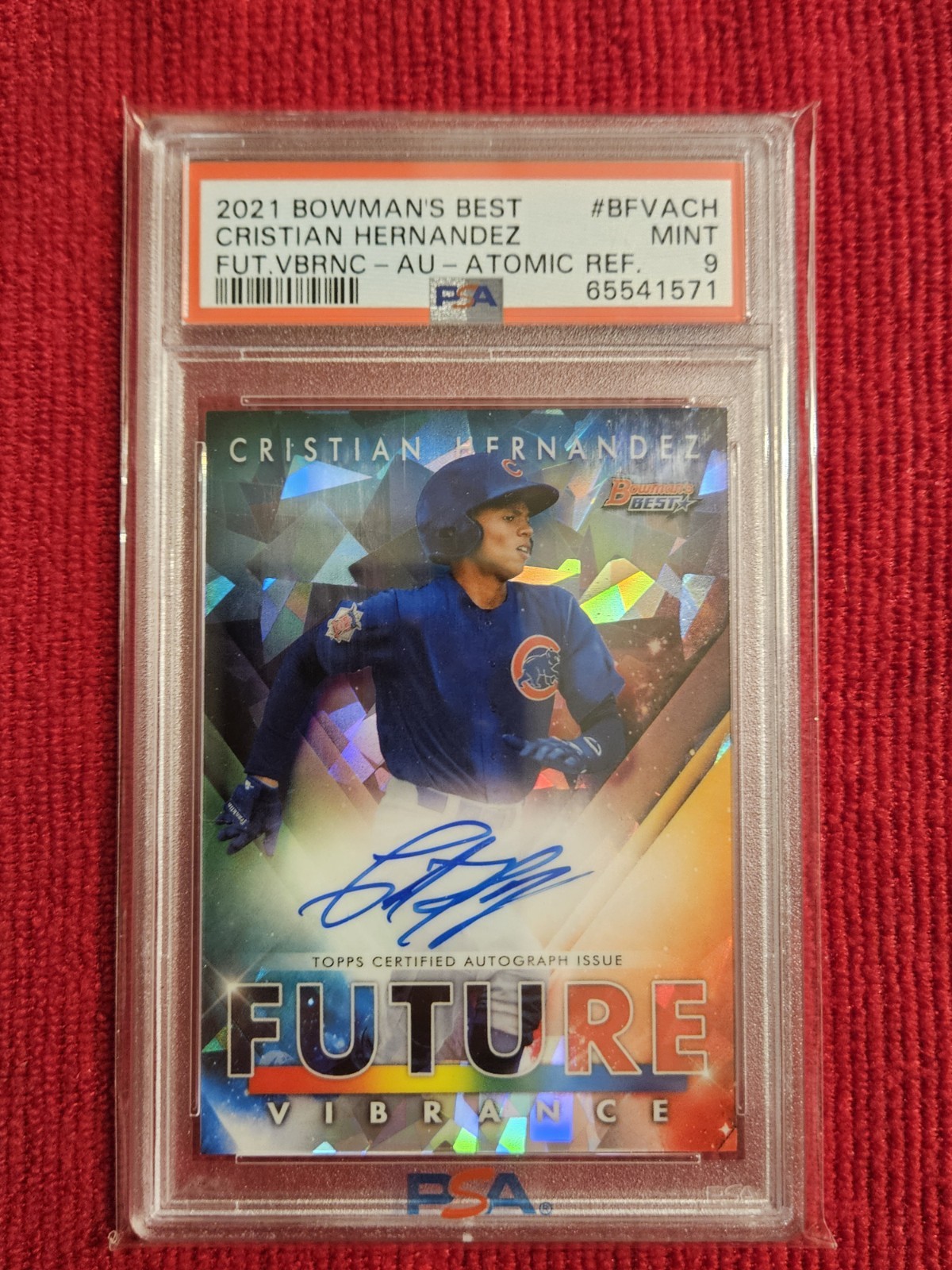 Cristian Hernandez 2021 Bowmans Best Future Vibrance Auto Atomic Refractor PSA 9 view 4