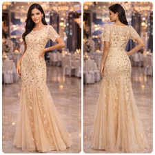 Ever Pretty Sequin Floral Mermaid Gown Size 8 Gold Short Sleeve Tulle Maxi Dress