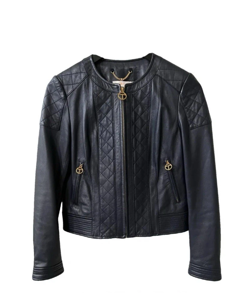 Tory Burch Ryder Giacca Pelle Morbida Moto Oro Zip Tg Lg Dark Navy NUOVO Rt 998$